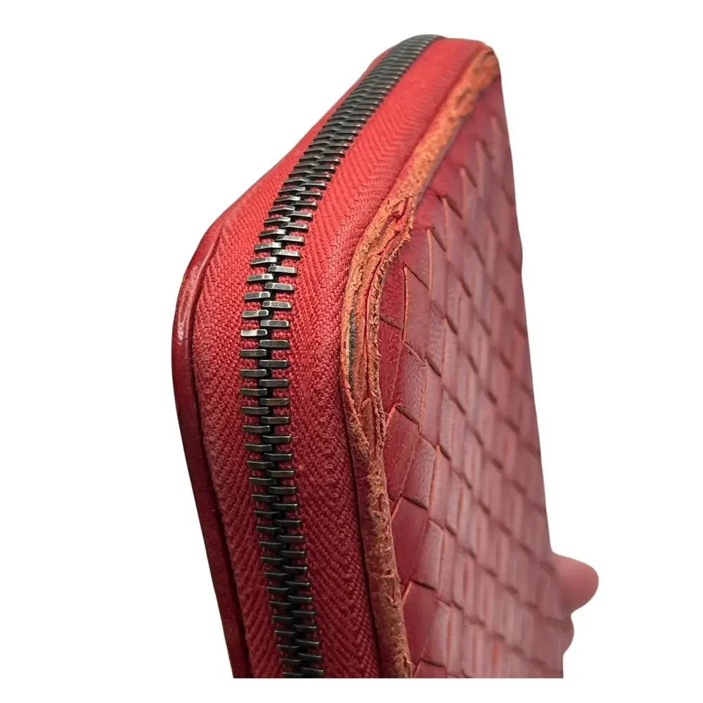Bottega Veneta Intrecciato Red Leather Zip Around Continental Wallet